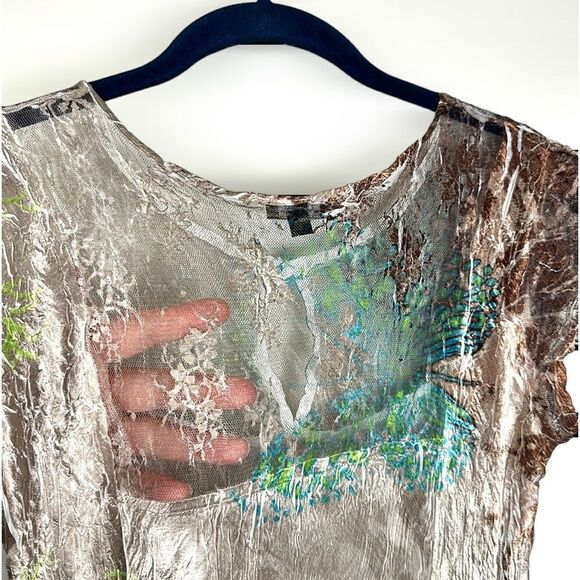 Komarov Signature Crinkle Shiny Dress Butterfly Print Fit & Flare Cap Sleeves L - Picture 13 of 15